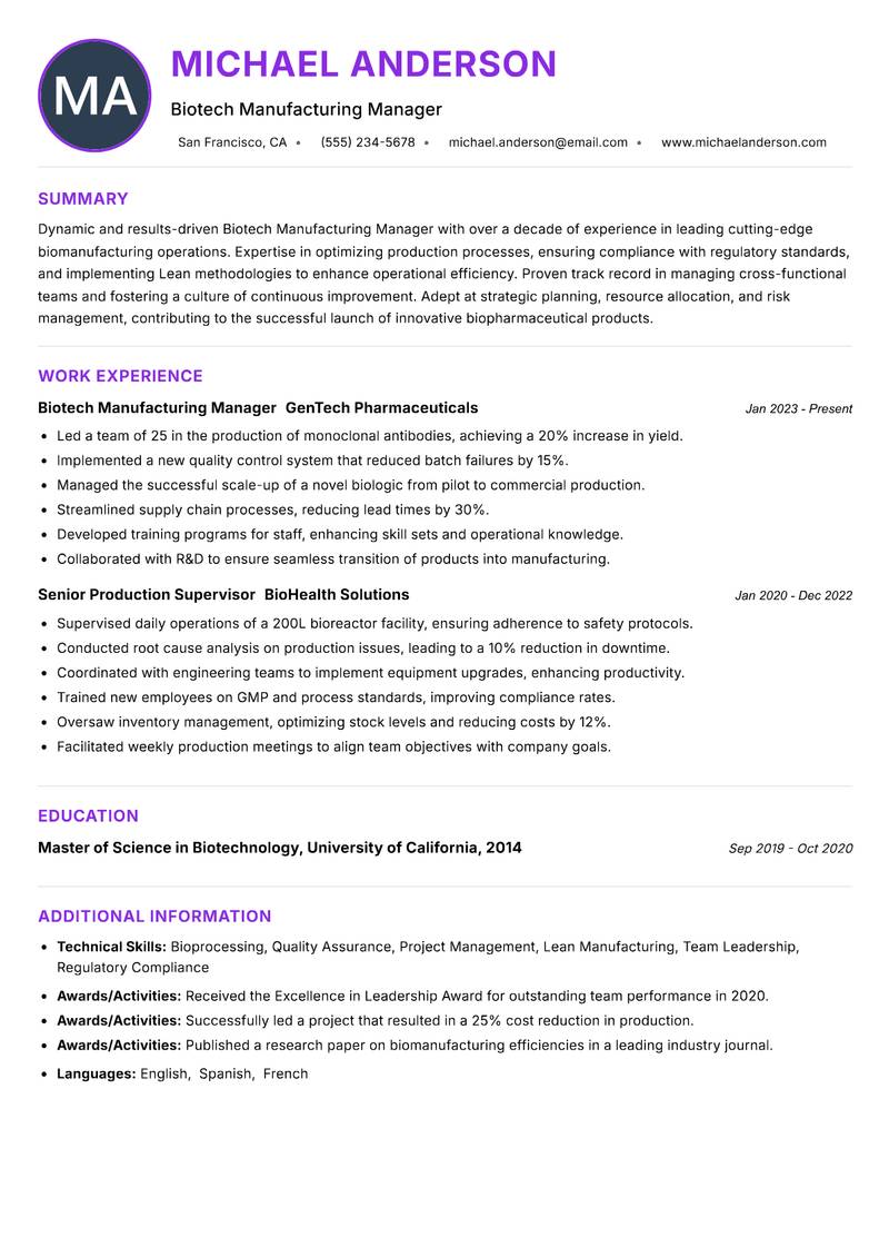 Biotech Manufacturing Manager resume example — ATS-friendly template