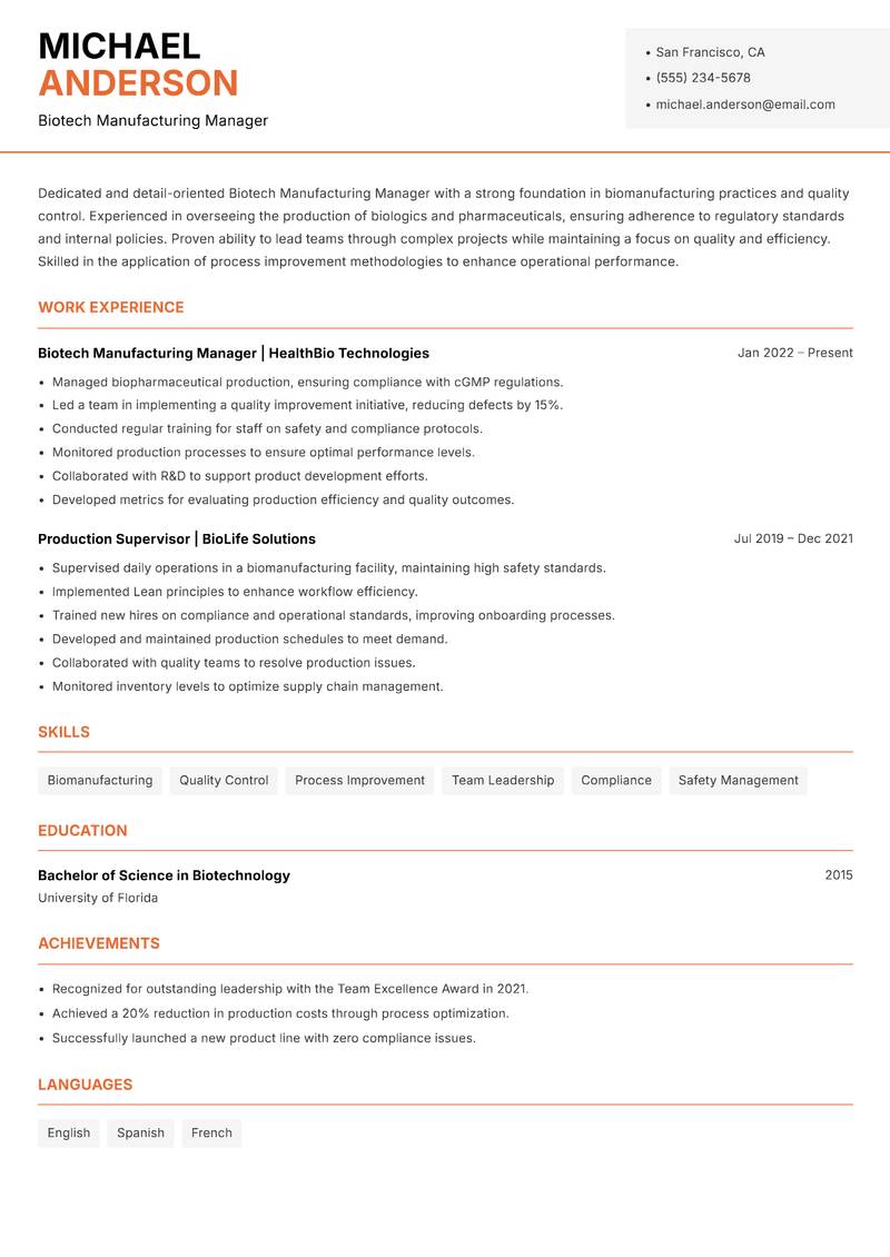 Biotech Manufacturing Manager resume template — Modern Professional