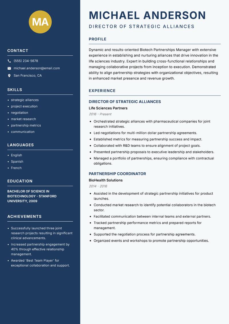 Biotech Partnerships Manager resume template — Classic Clean