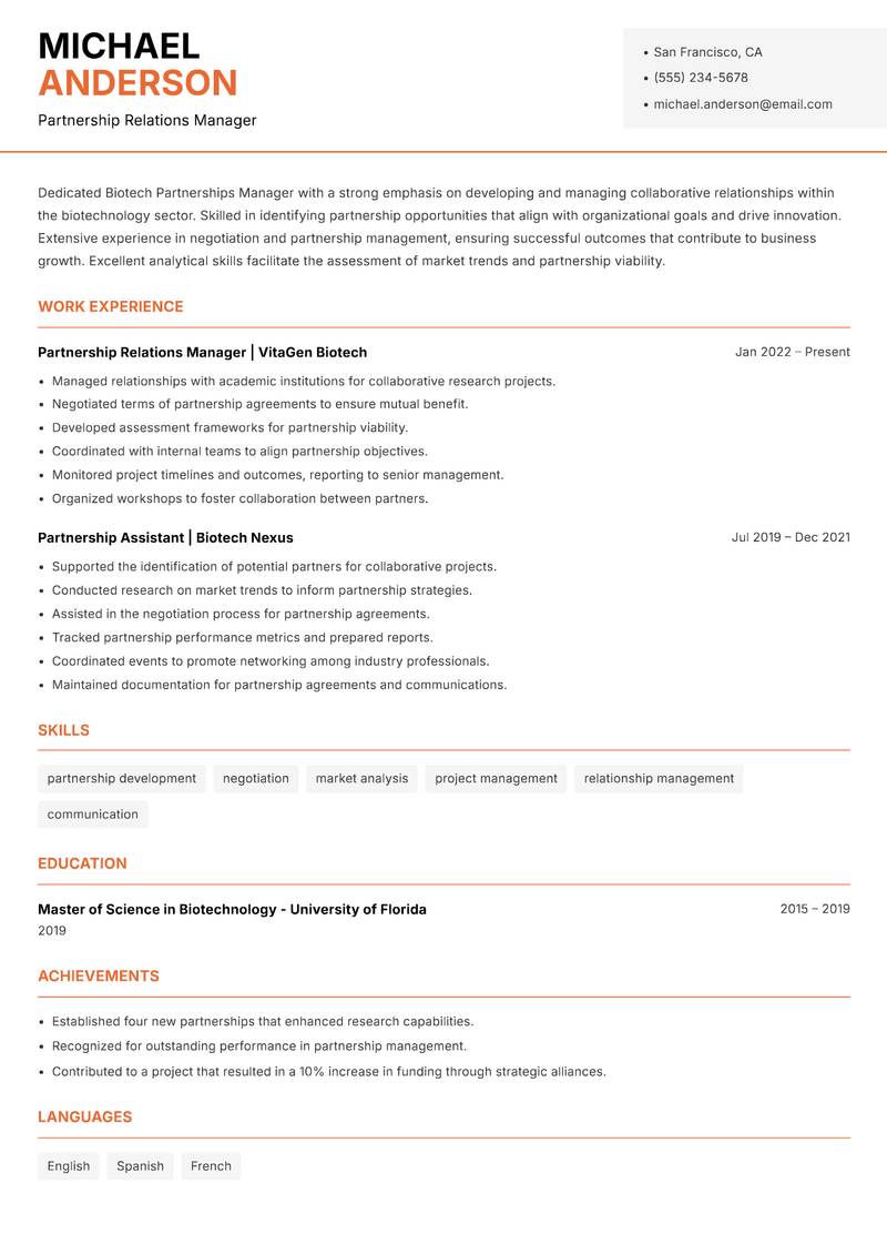 Biotech Partnerships Manager resume template — Modern Professional