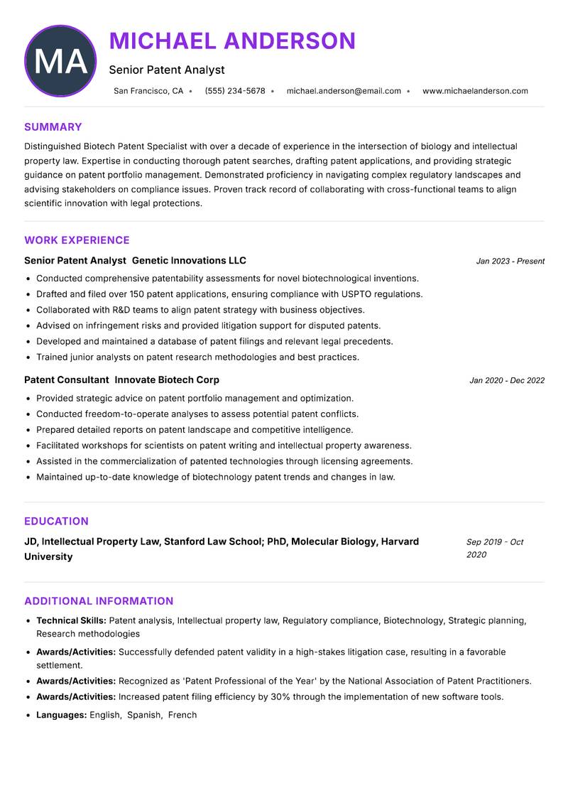 Biotech Patent Specialist resume example — ATS-friendly template