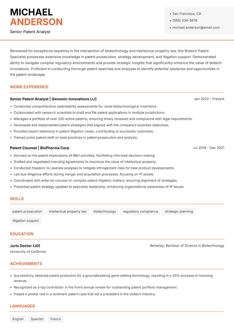 Biotech Patent Specialist resume template — Modern Professional