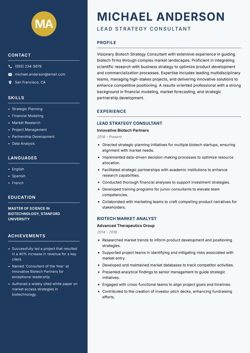 Biotech Strategy Consultant resume template — Classic Clean