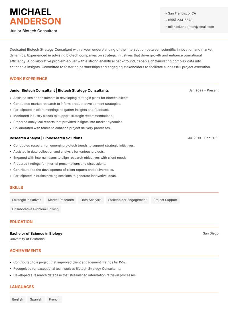 Biotech Strategy Consultant resume template — Modern Professional