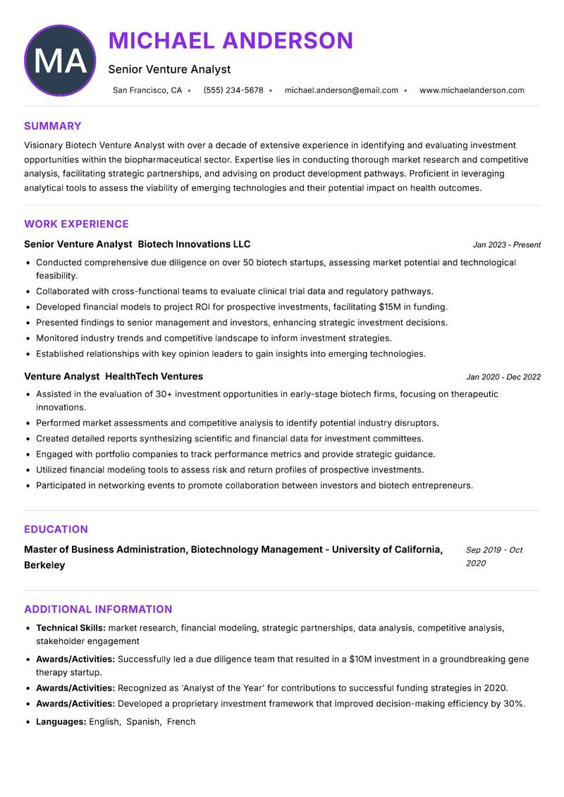 Biotech Venture Analyst resume example — ATS-friendly template