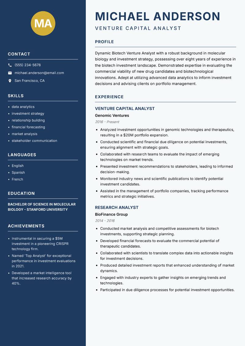 Biotech Venture Analyst resume template — Classic Clean