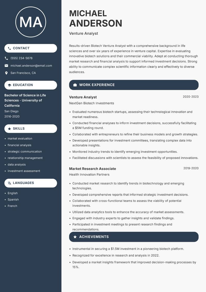 Biotech Venture Analyst resume template — Compact
