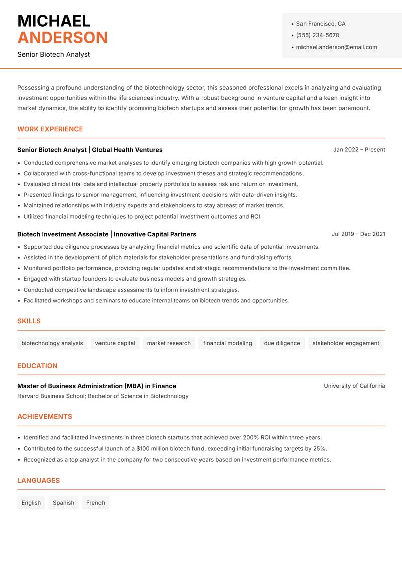 Biotech Venture Analyst resume template — Modern Professional