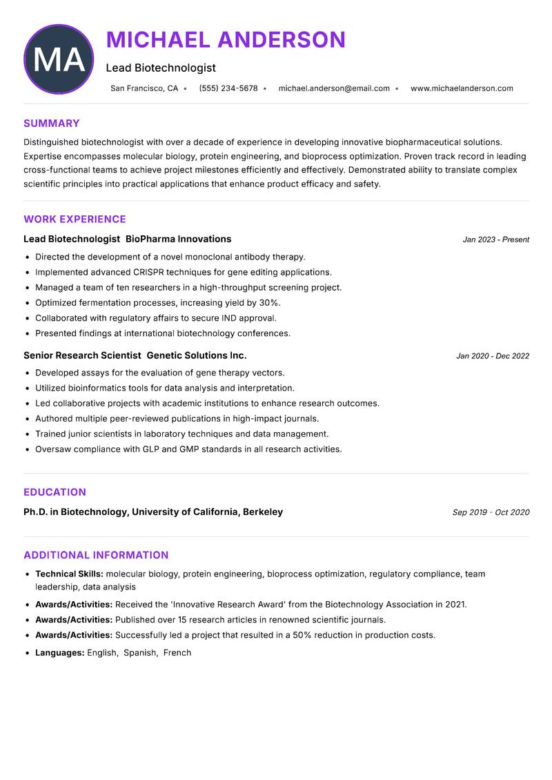 Biotechnologist resume example — ATS-friendly template