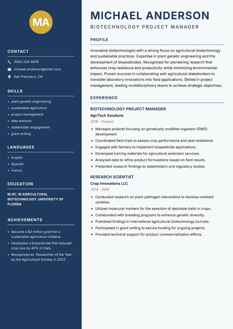 Biotechnologist resume template — Classic Clean