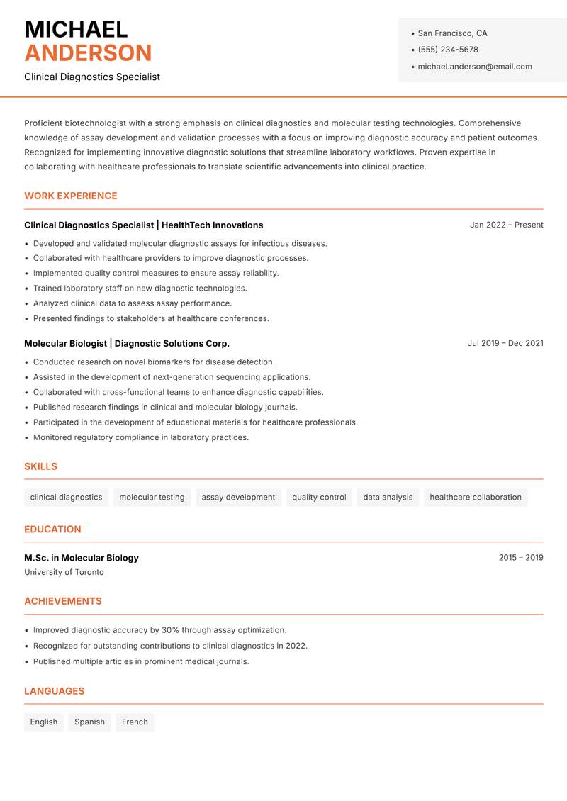 Biotechnologist resume template — Modern Professional