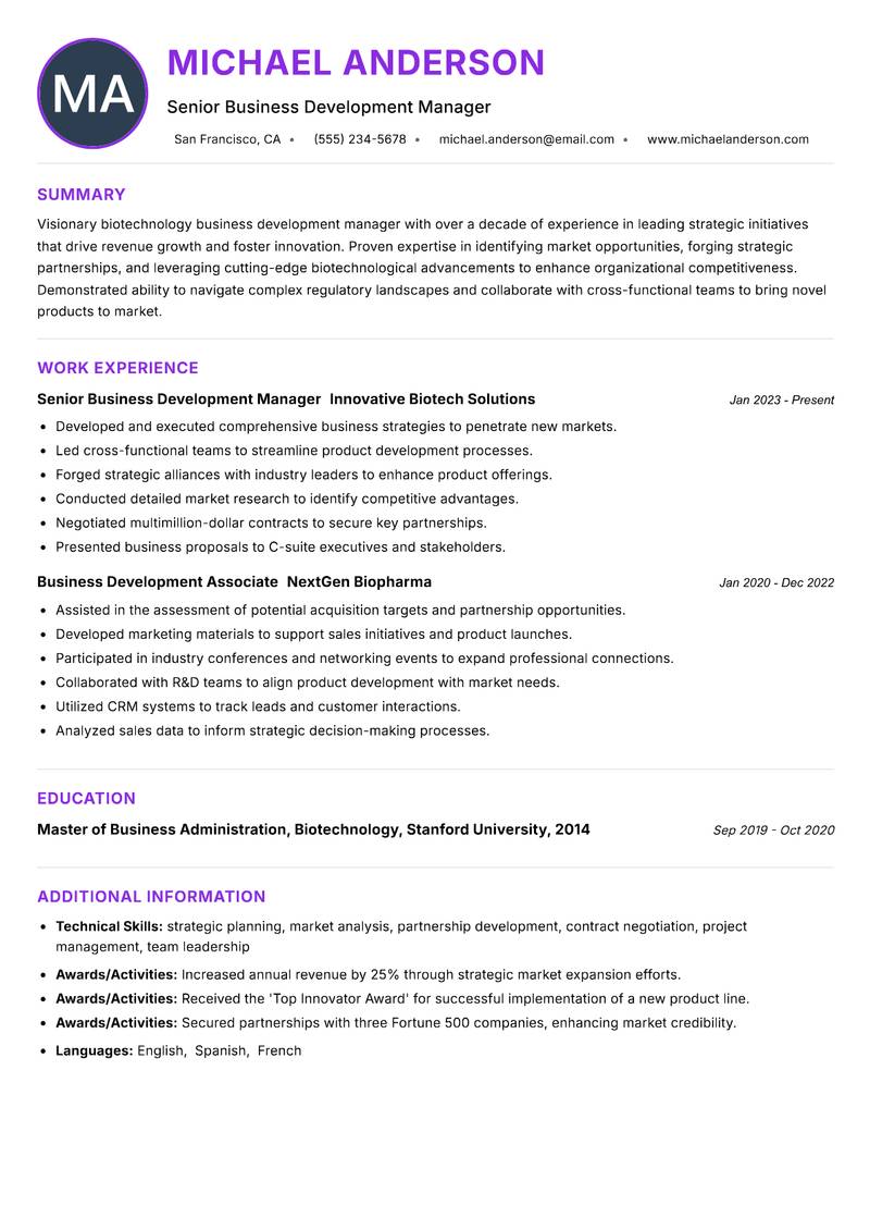 Biotechnology Business Development Manager resume example — ATS-friendly template