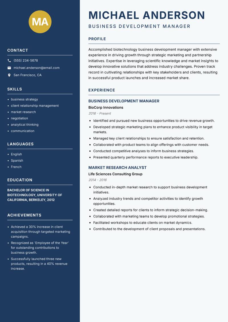 Biotechnology Business Development Manager resume template — Classic Clean