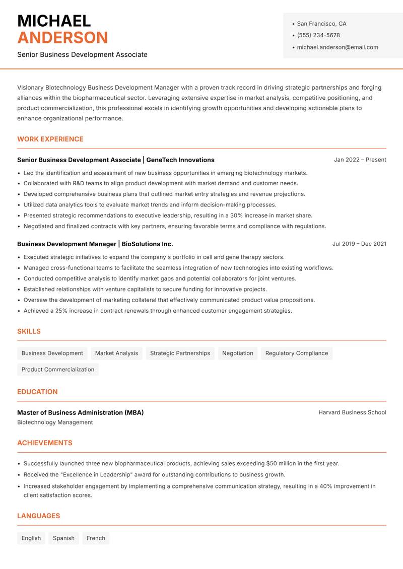 Biotechnology Business Development Manager resume template — Modern Professional