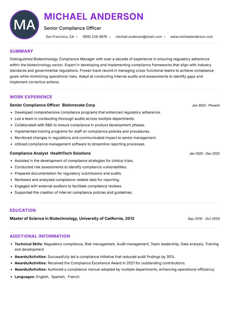 Biotechnology Compliance Manager resume example — ATS-friendly template