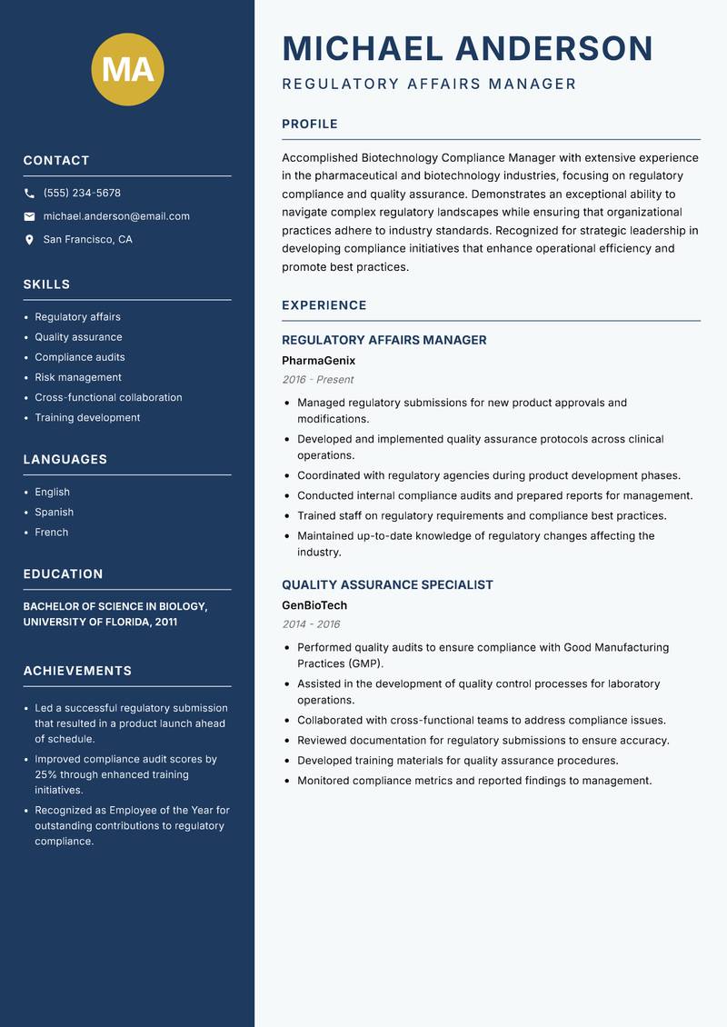 Biotechnology Compliance Manager resume template — Classic Clean