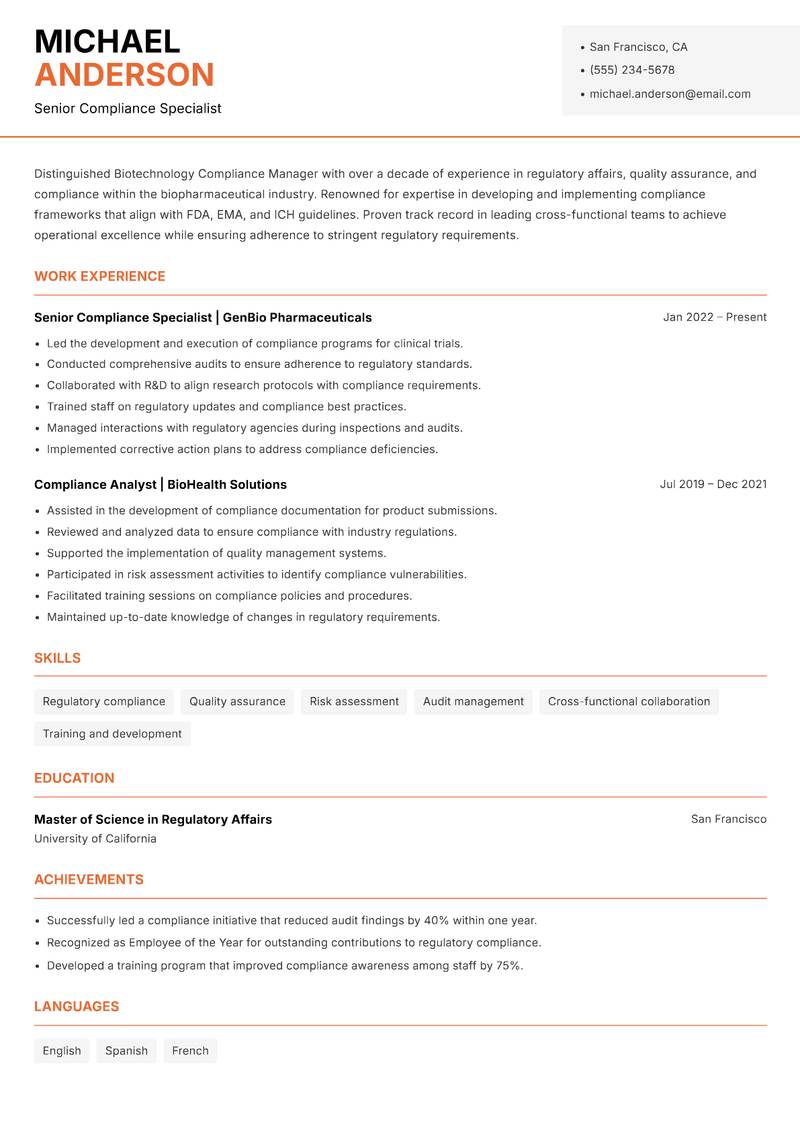 Biotechnology Compliance Manager resume template — Modern Professional