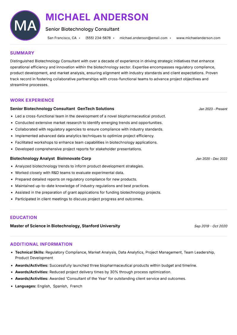 Biotechnology Consultant resume example — ATS-friendly template