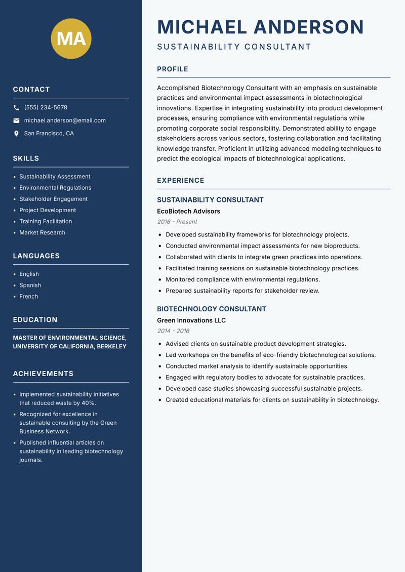 Biotechnology Consultant resume template — Classic Clean