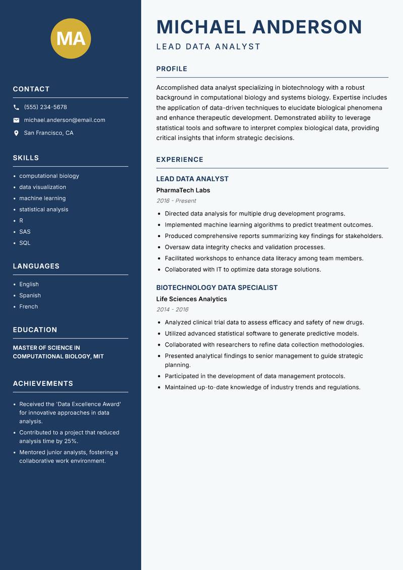 Biotechnology Data Analyst resume template — Classic Clean
