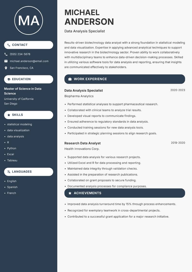Biotechnology Data Analyst resume template — Compact