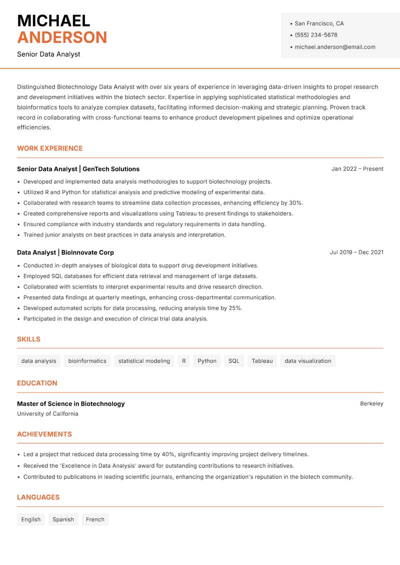 Biotechnology Data Analyst resume template — Modern Professional