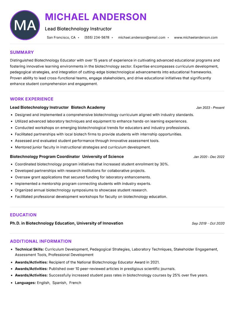 Biotechnology Educator resume example — ATS-friendly template