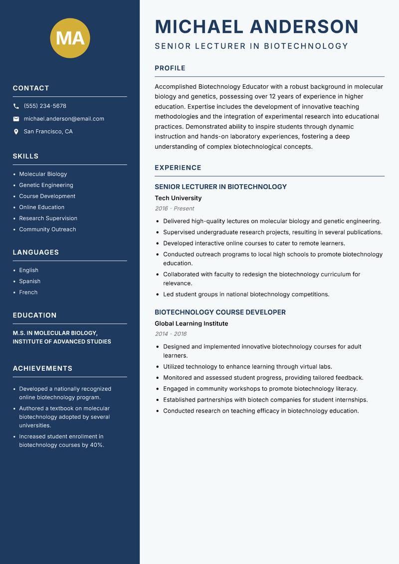 Biotechnology Educator resume template — Classic Clean