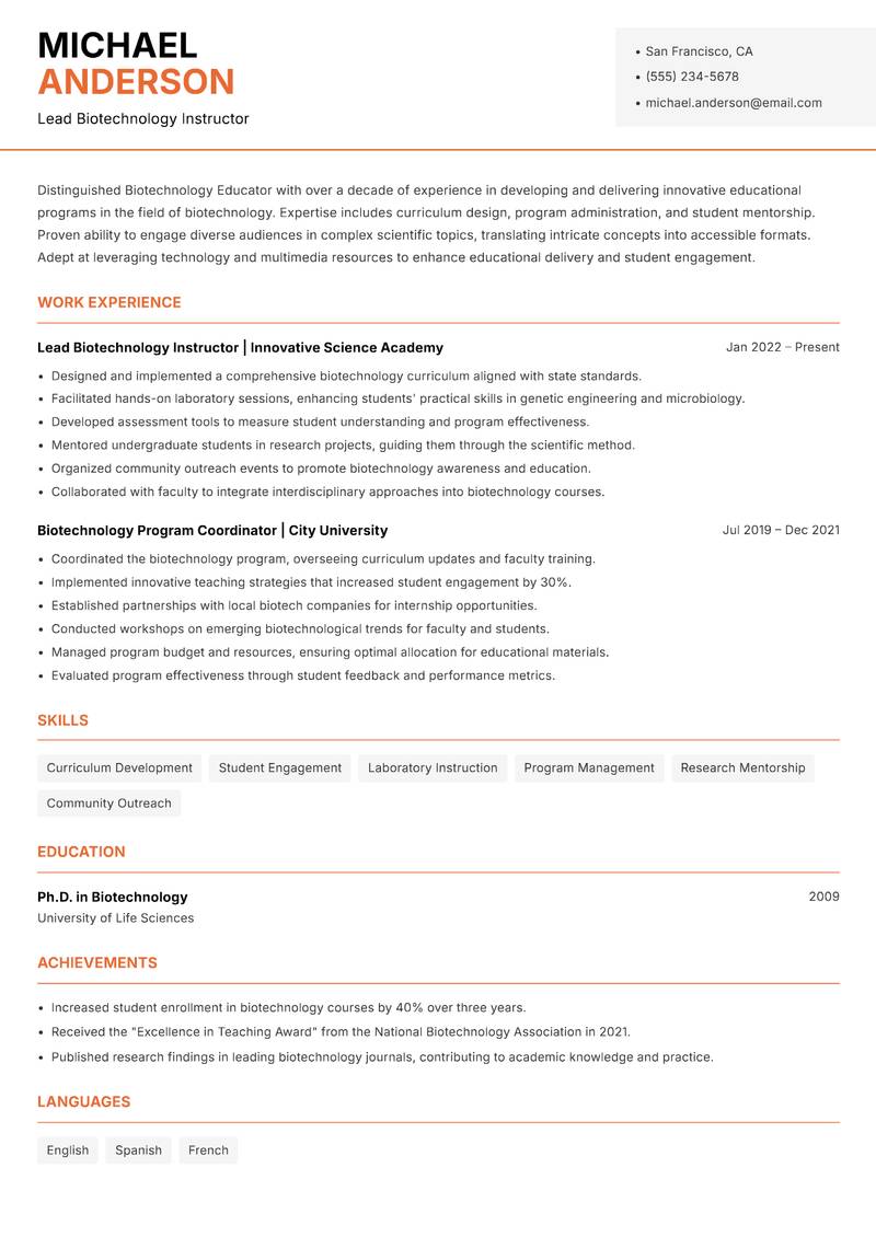 Biotechnology Educator resume template — Modern Professional