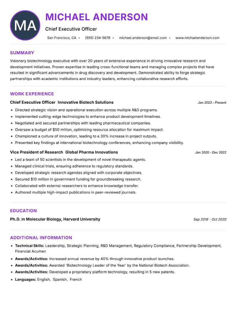 Biotechnology Executive resume example — ATS-friendly template
