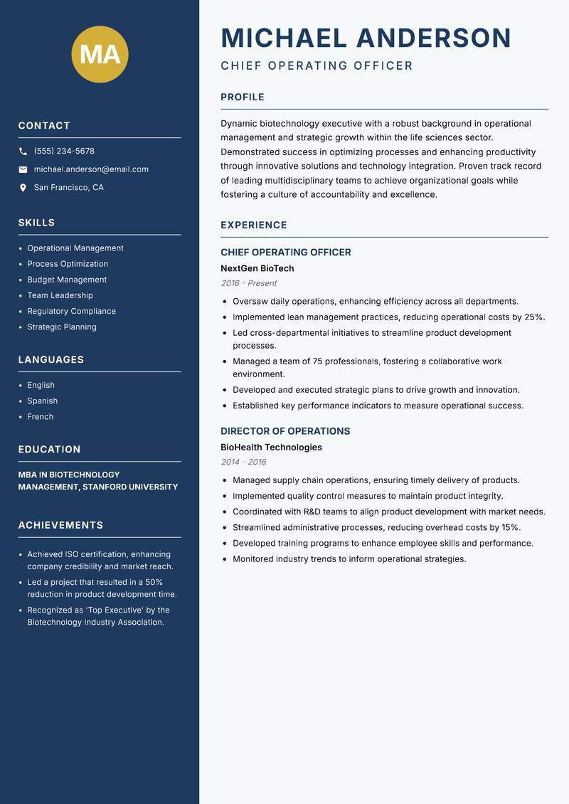 Biotechnology Executive resume template — Classic Clean