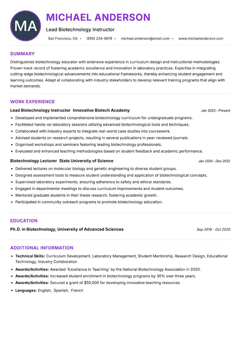 Biotechnology Instructor resume example — ATS-friendly template