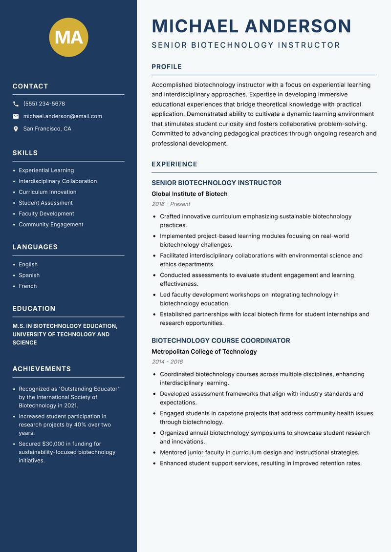 Biotechnology Instructor resume template — Classic Clean