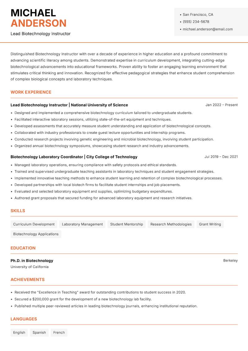 Biotechnology Instructor resume template — Modern Professional