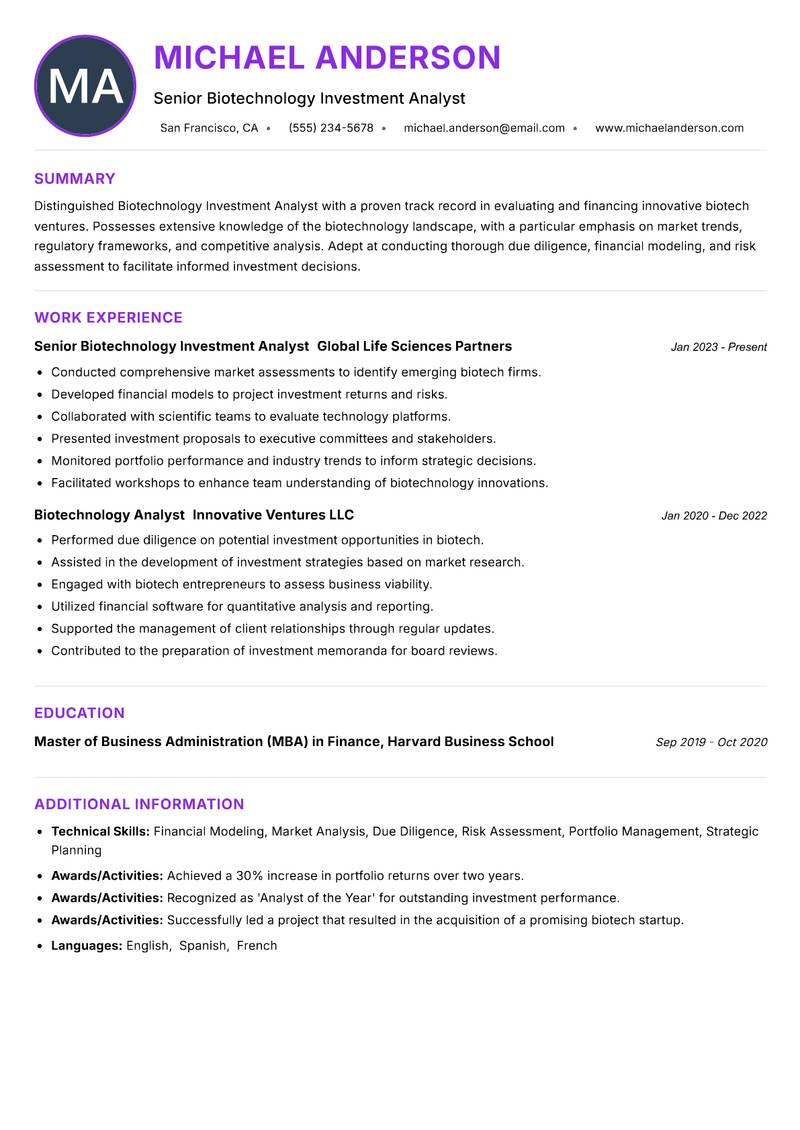 Biotechnology Investment Analyst resume example — ATS-friendly template