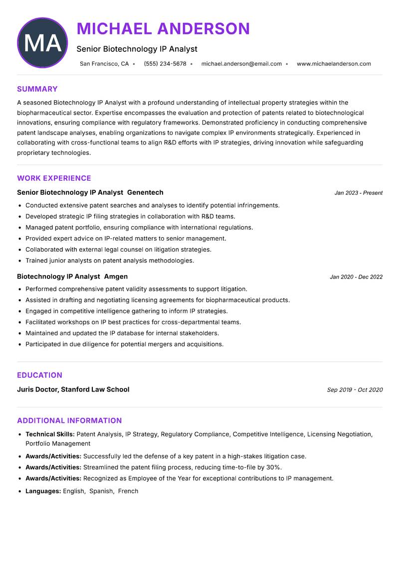 Biotechnology IP Analyst resume example — ATS-friendly template