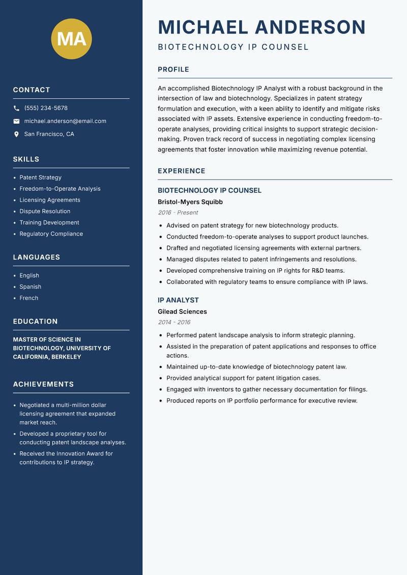 Biotechnology IP Analyst resume template — Classic Clean