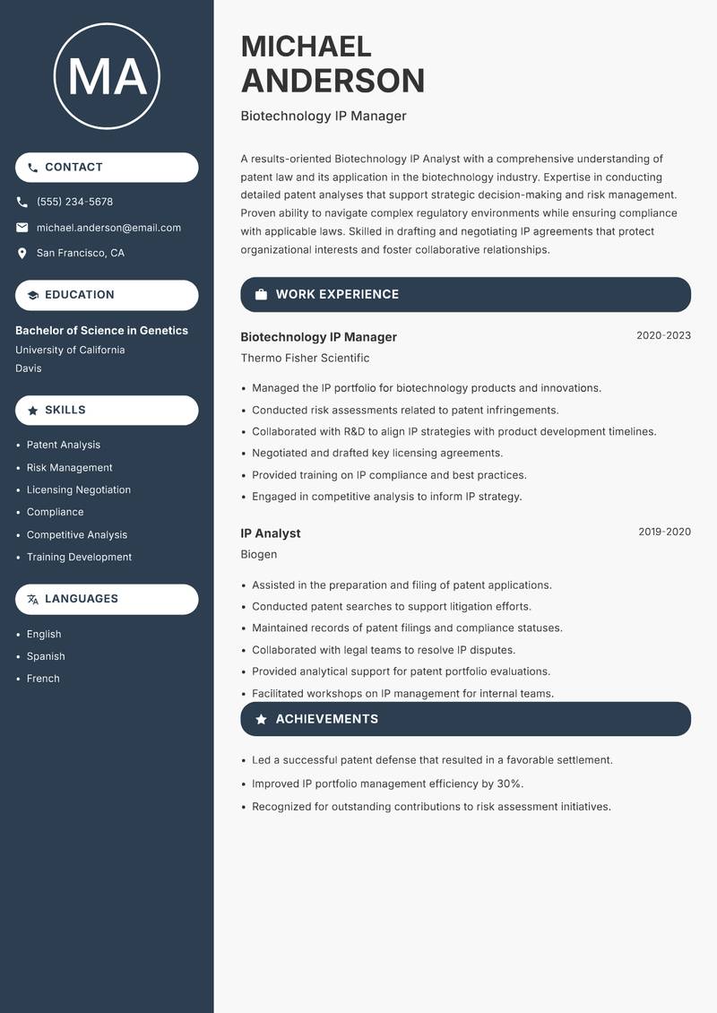 Biotechnology IP Analyst resume template — Compact