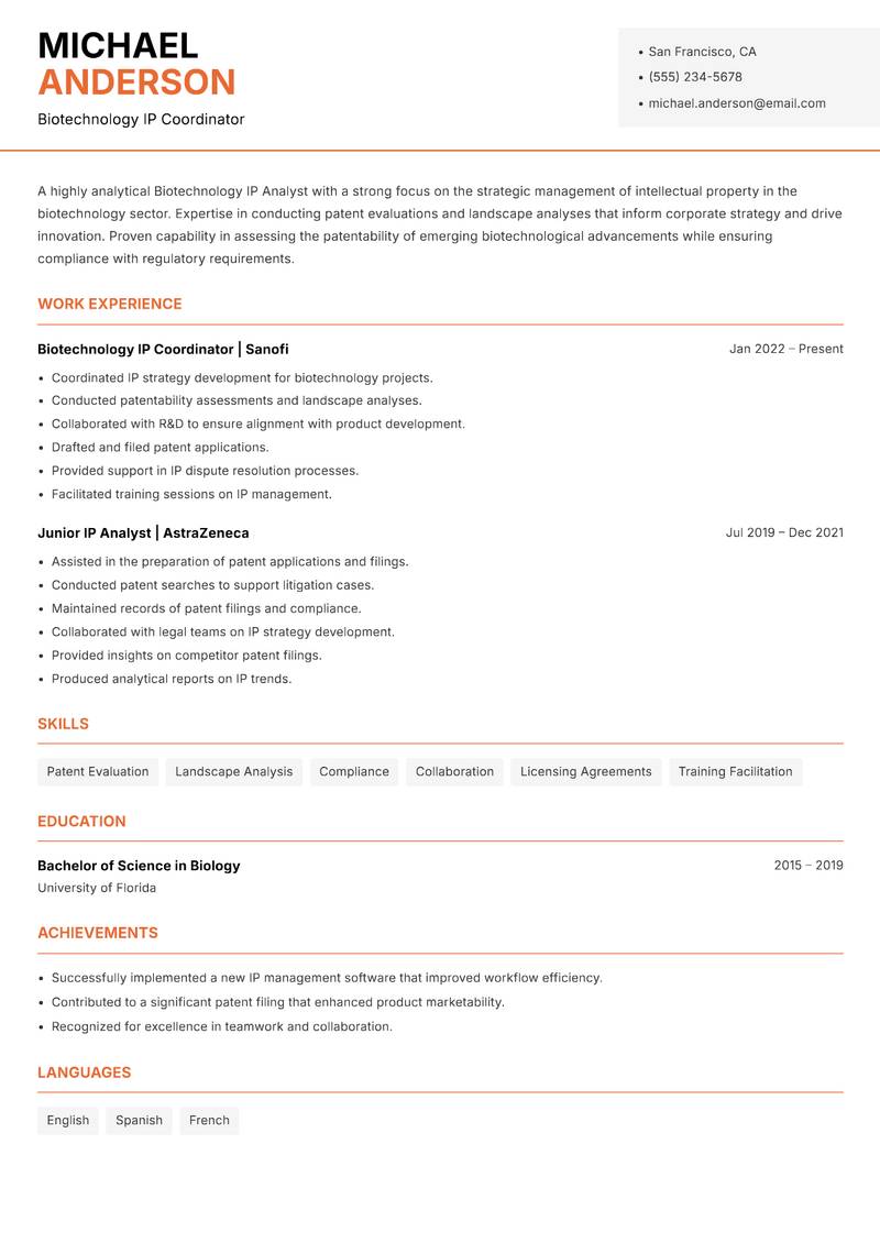 Biotechnology IP Analyst resume template — Modern Professional