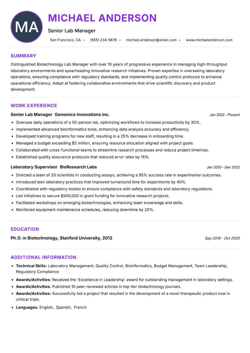 Biotechnology Lab Manager resume example — ATS-friendly template