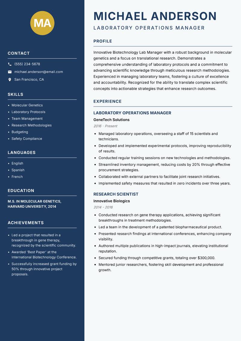 Biotechnology Lab Manager resume template — Classic Clean