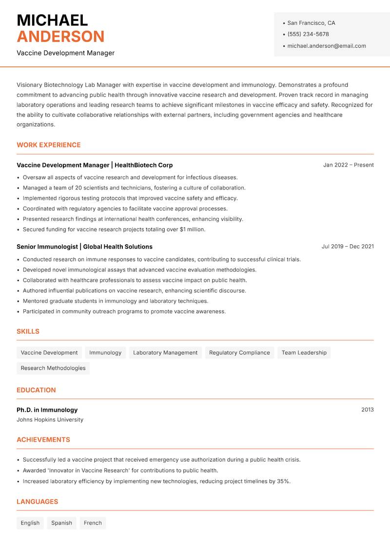 Biotechnology Lab Manager resume template — Modern Professional