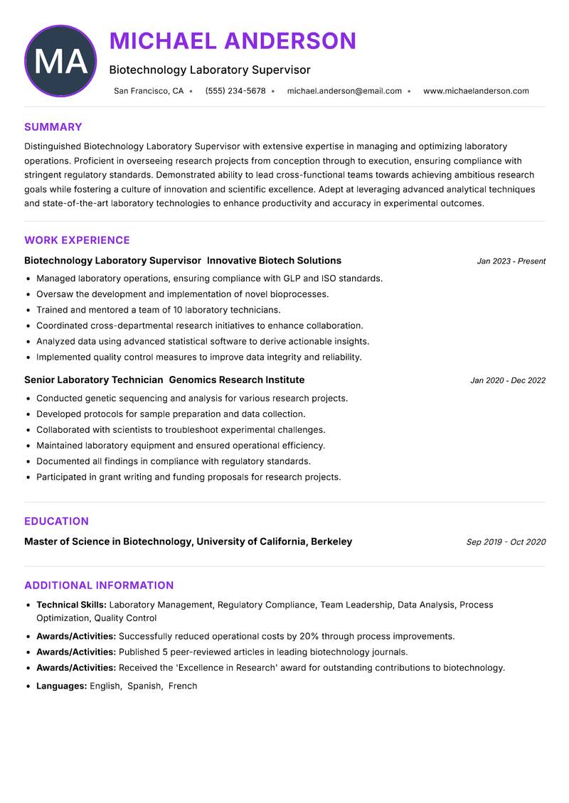 Biotechnology Laboratory Supervisor resume example — ATS-friendly template