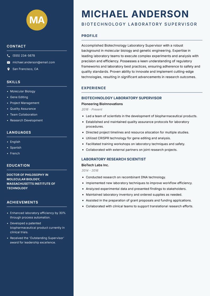 Biotechnology Laboratory Supervisor resume template — Classic Clean