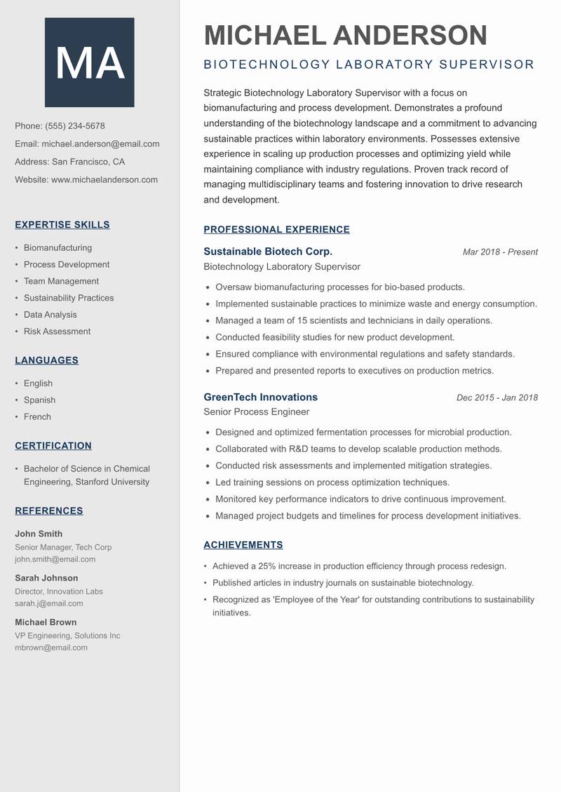 Biotechnology Laboratory Supervisor resume template — Creative Minimal