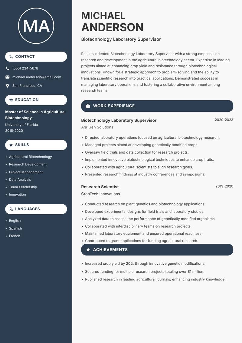 Biotechnology Laboratory Supervisor resume template — Compact