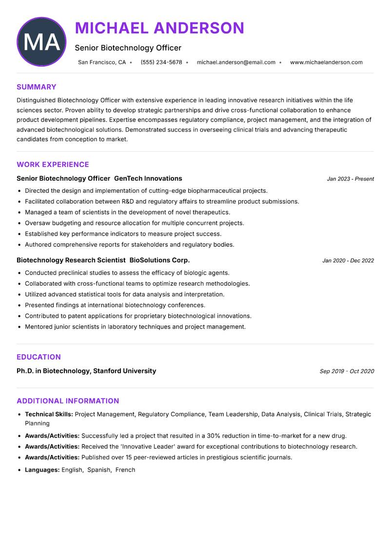 Biotechnology Officer resume example — ATS-friendly template