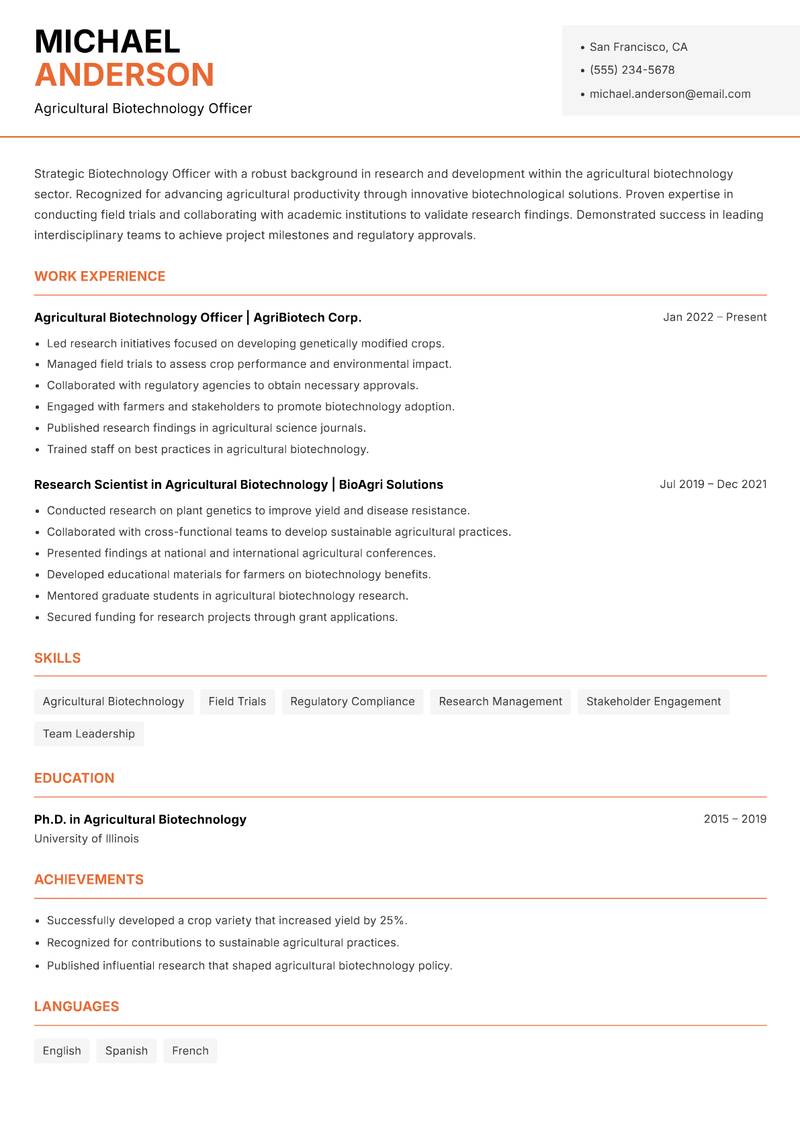 Biotechnology Officer resume template — Modern Professional