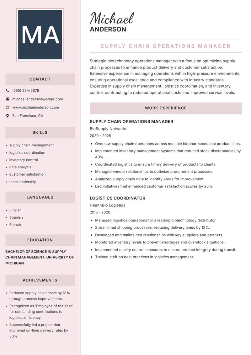 Biotechnology Operations Manager resume template — Executive