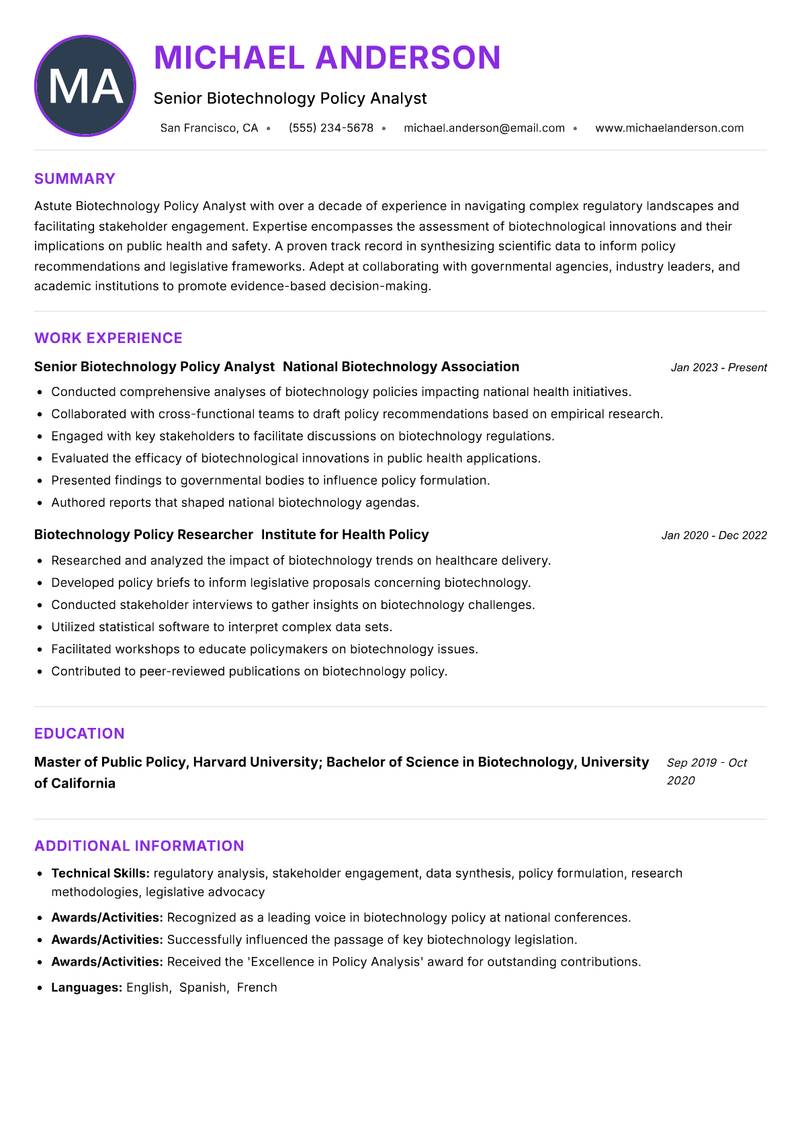 Biotechnology Policy Analyst resume example — ATS-friendly template
